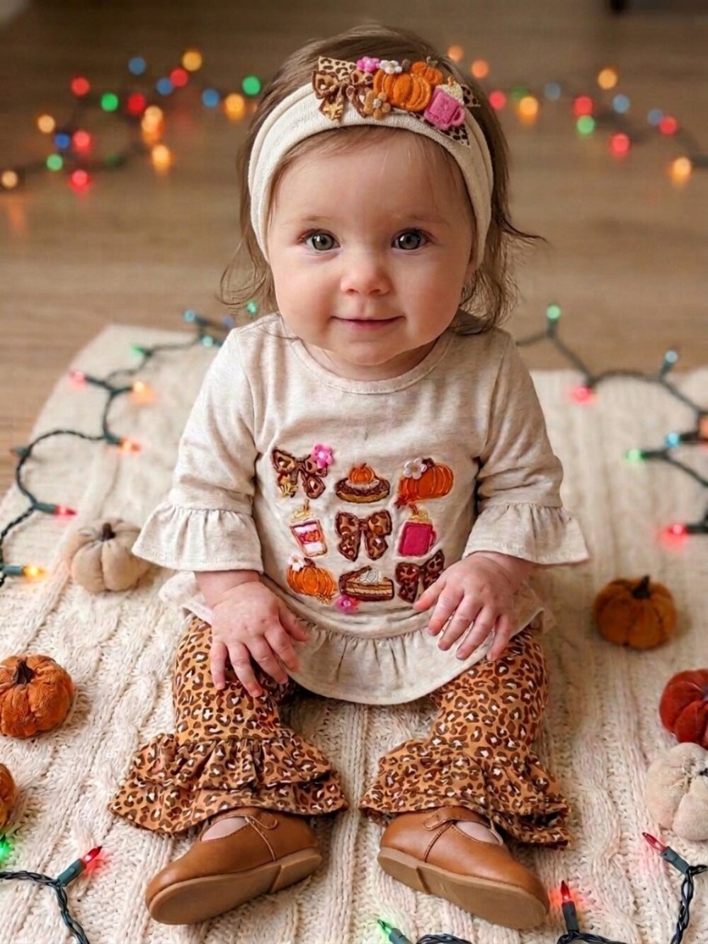 Rare Editions Baby Pumpkin & Bows Thanksgiving 2pc Outfit Ruffle Pants 3 - 6 mos